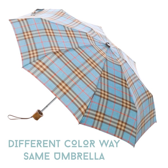 Vintage Burberry blue brown plaid collapsible umbrella wood handle storage bag - Picture 2 of 15